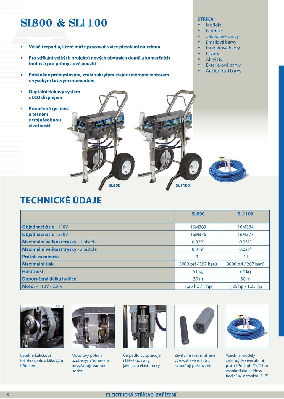 tlakový systém s LCD displejem Proměnná rychlost a těsnění s trojnásobnou životností SL800 SL1100 TECHNICKÉ ÚDAJE SL800 SL1100 Objednací číslo - 110V 16M383 16M384 Objednací číslo - 230V 16M376
