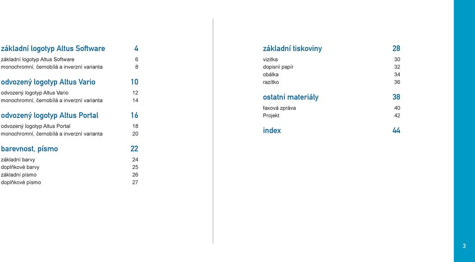 Altus Portal 18 monochromní, černobílá a inverzní varianta 20 základní tiskoviny 28 vizitka 30 dopisní papír 32 obálka 34 razítko 36