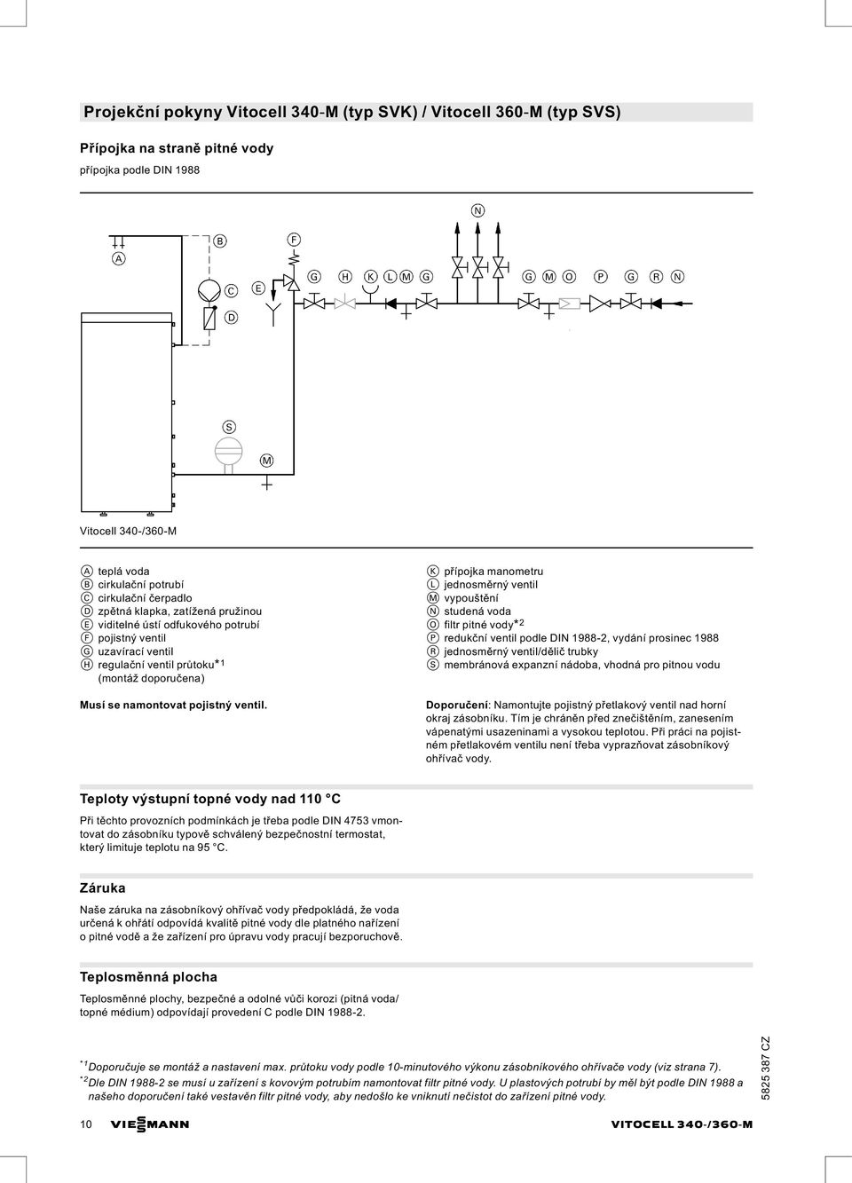 K přípojka manometru L jednosměrný ventil M vypouštění N studená voda O filtr pitné vody* 2 P redukční ventil podle DIN 1988 2, vydání prosinec 1988 R jednosměrný ventil/dělič trubky S membránová