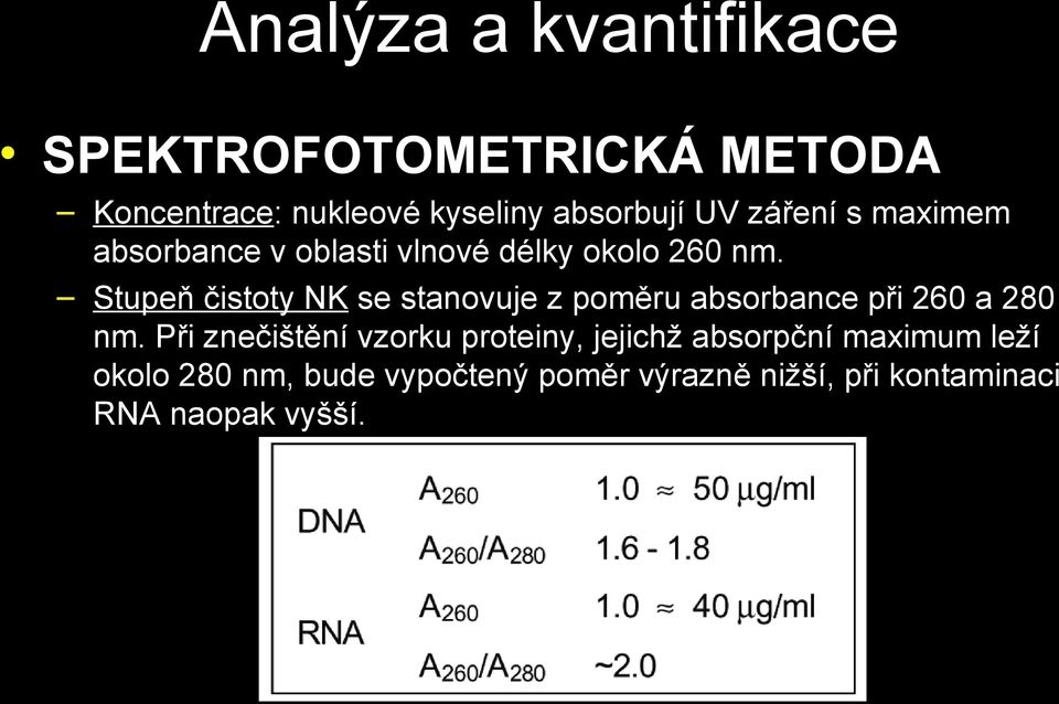 Stupeň čistoty NK se stanovuje z poměru absorbance při 260 a 280 nm.