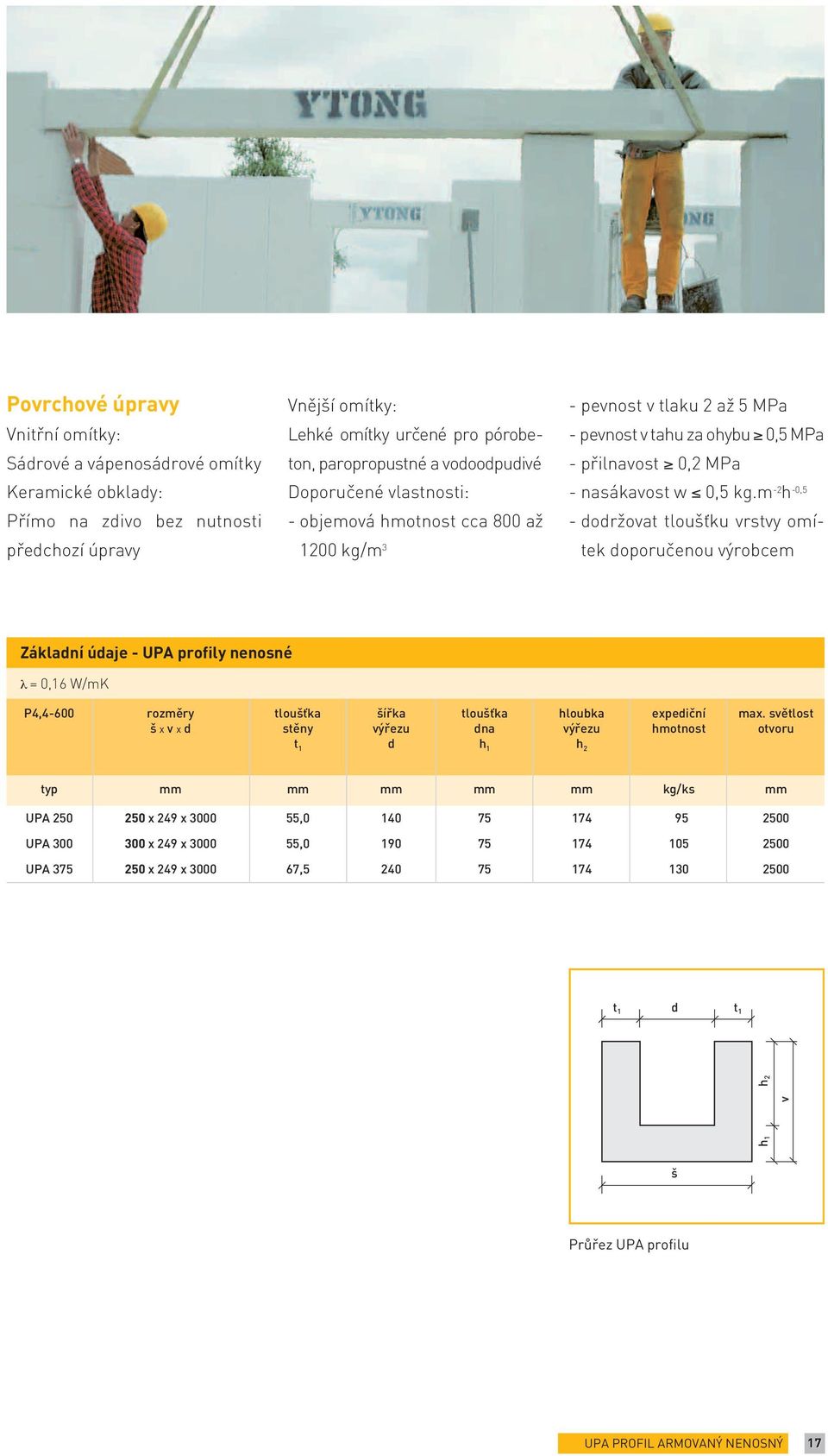 m -2 h -0,5 - dodržovat tloušťku vrstvy omítek doporučenou výrobcem Základní údaje - UPA profily nenosné λ = 0,16 W/mK P4,4-600 rozměry š x v x d tloušťka stěny t 1 šířka výřezu d tloušťka dna h 1