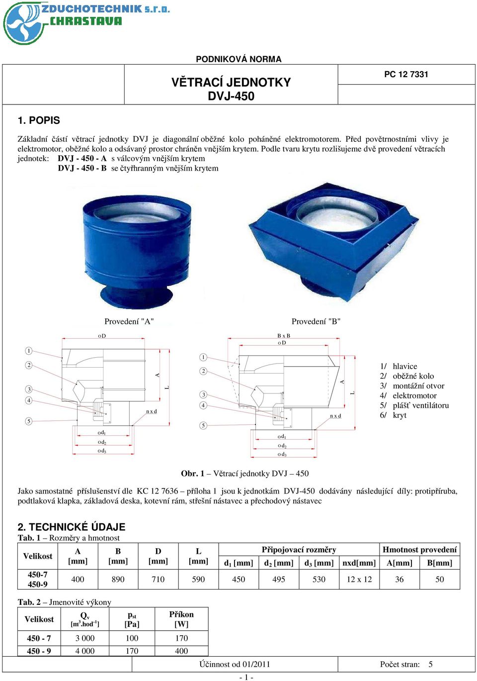 Podle tvaru krytu rozlišujeme dvě provedení větracích jednotek: DVJ - 450 - s válcovým vnějším krytem DVJ - 450 - B se čtyřhranným vnějším krytem Provedení "" Provedení "B" 1 2 3 4 5 O D Od 1 Od 2 Od