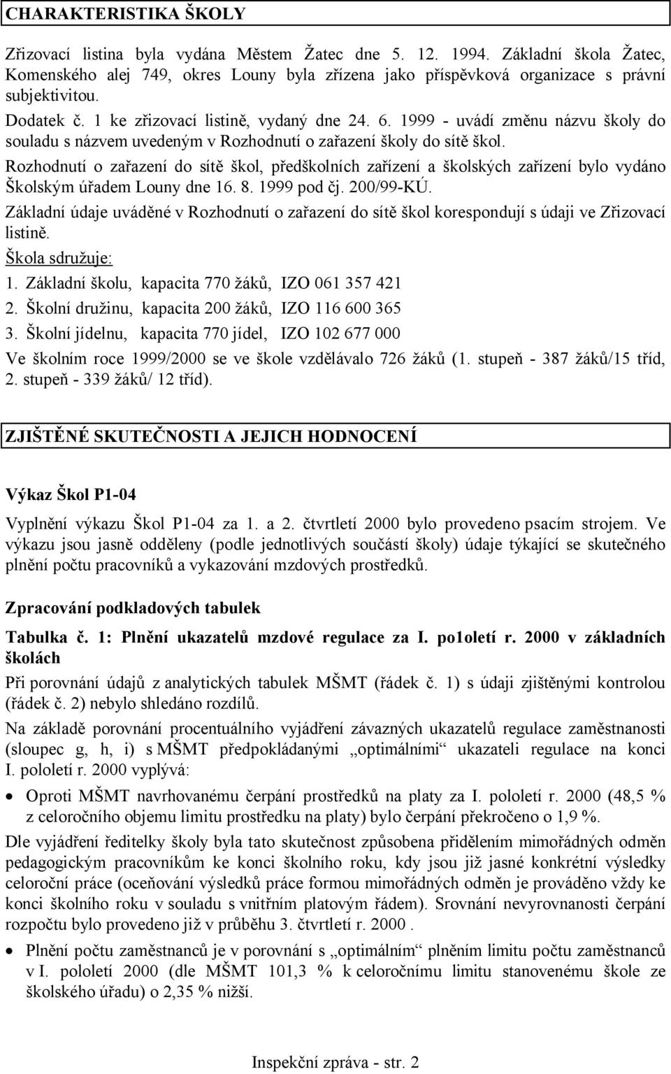 1999 - uvádí změnu názvu školy do souladu s názvem uvedeným v Rozhodnutí o zařazení školy do sítě škol.