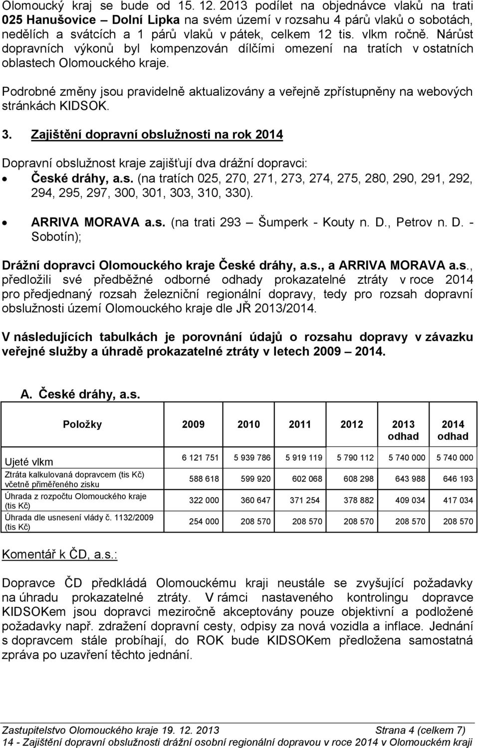 Nárůst dopravních výkonů byl kompenzován dílčími omezení na tratích v ostatních oblastech Olomouckého kraje.