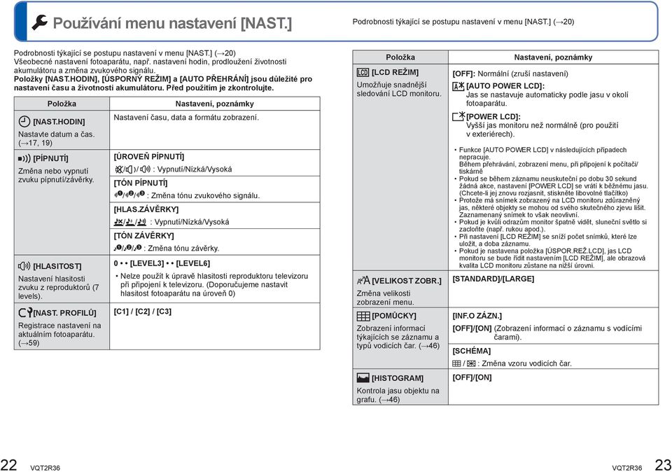 Před použitím je zkontrolujte. Položka [NAST.HODIN] Nastavte datum a čas. ( 17, 19) [PÍPNUTÍ] Změna nebo vypnutí zvuku pípnutí/závěrky.