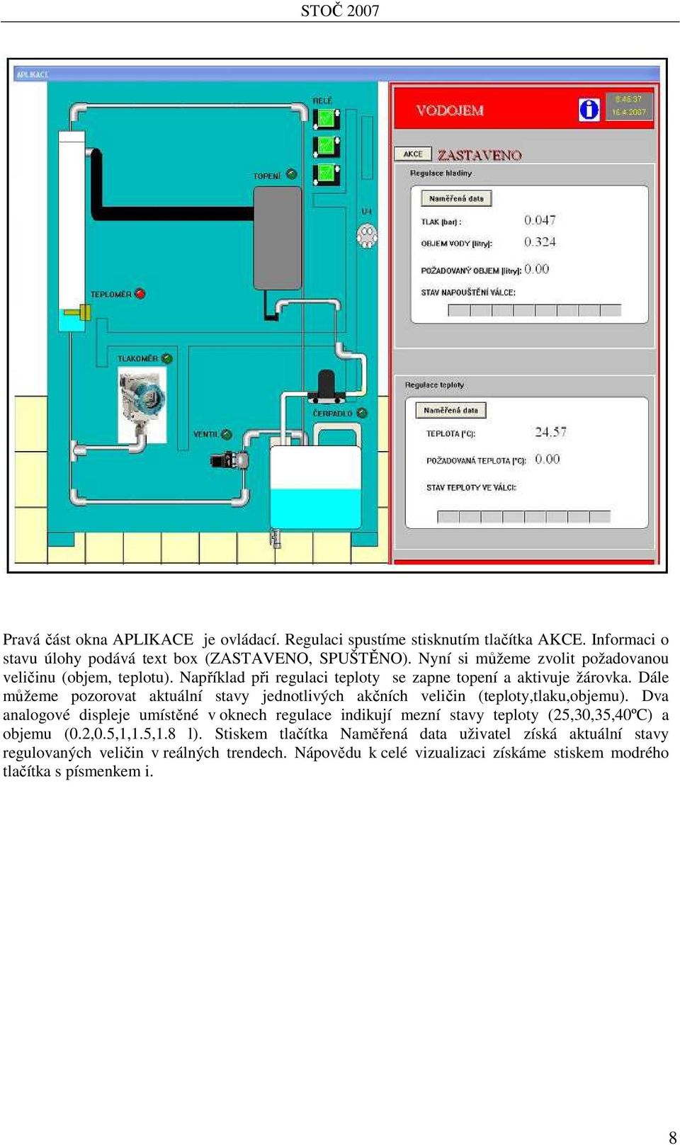 Dále můžeme pozorovat aktuální stavy jednotlivých akčních veličin (teploty,tlaku,objemu).