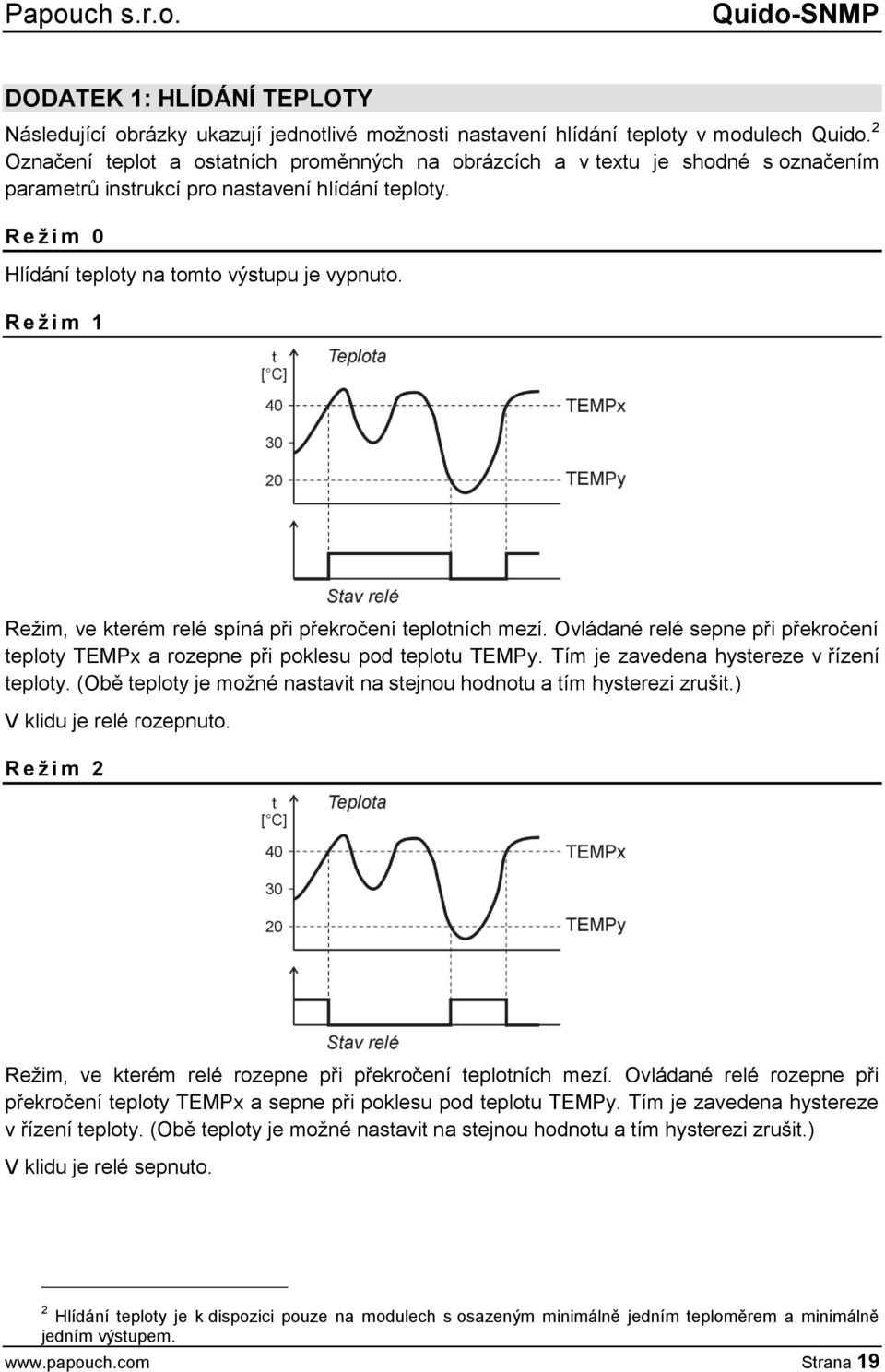 R e ž i m 1 Režim, ve kterém relé spíná při překročení teplotních mezí. Ovládané relé sepne při překročení teploty TEMPx a rozepne při poklesu pod teplotu TEMPy.
