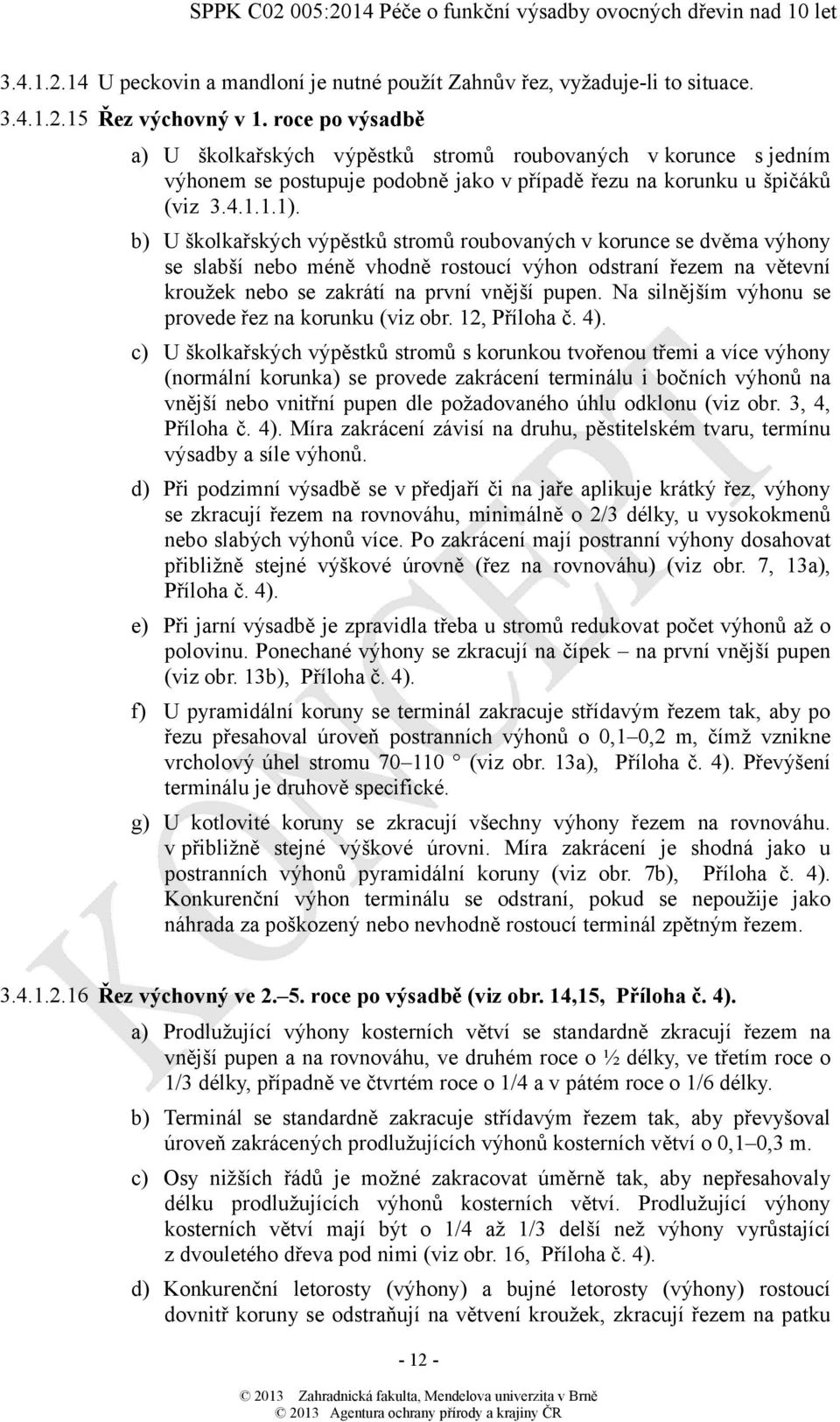 b) U školkařských výpěstků stromů roubovaných v korunce se dvěma výhony se slabší nebo méně vhodně rostoucí výhon odstraní řezem na větevní kroužek nebo se zakrátí na první vnější pupen.