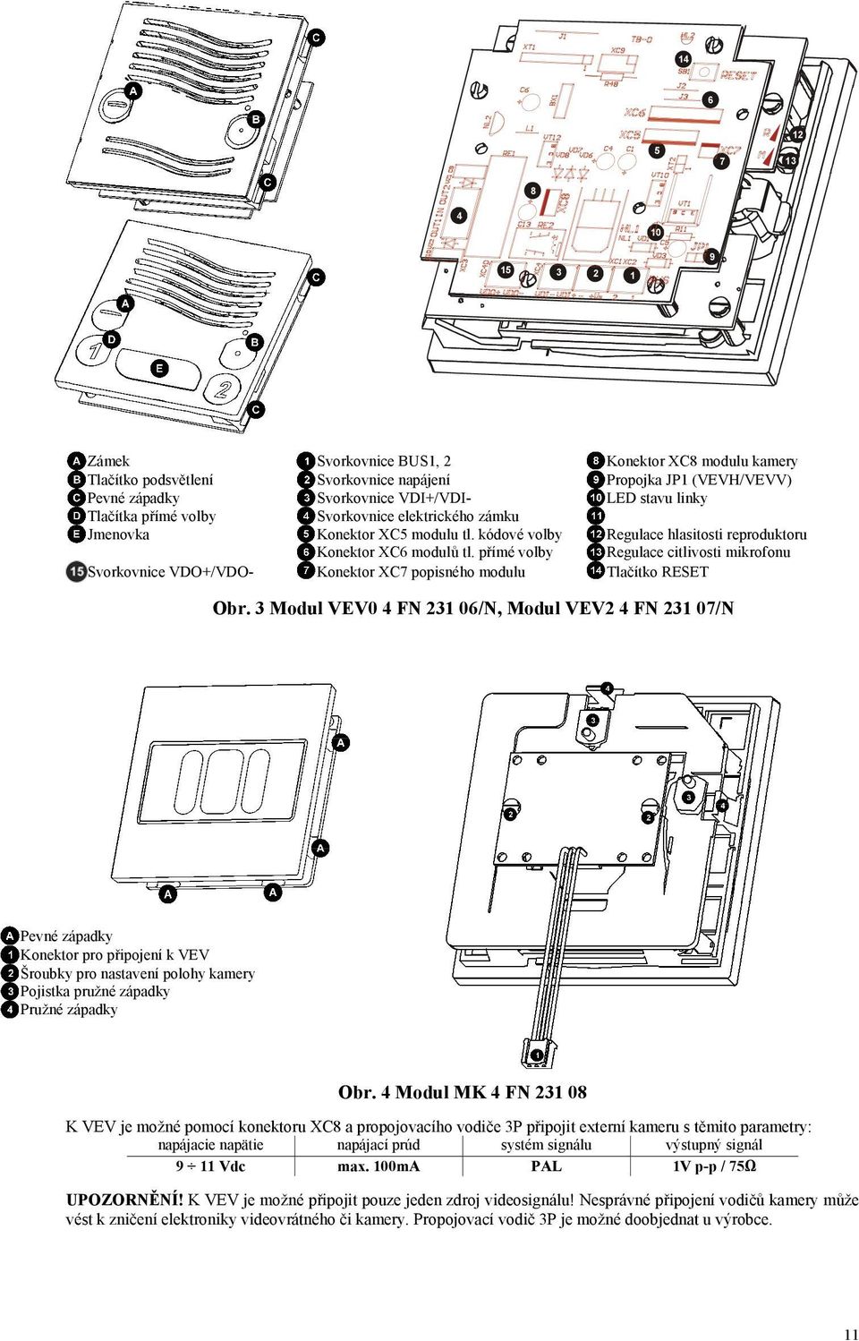 přímé volby Regulace citlivosti mikrofonu Svorkovnice VDO+/VDO- Konektor XC7 popisného modulu Tlačítko RESET Obr.