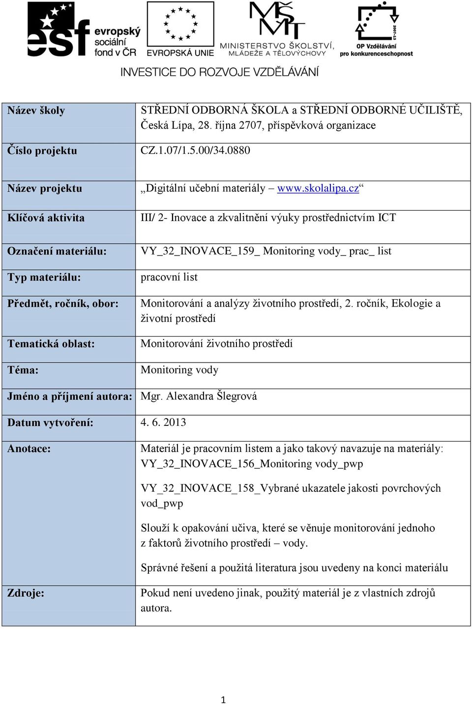 cz III/ 2 Inovace a zkvalitnění výuky prostřednictvím ICT Označení materiálu: Typ materiálu: Předmět, ročník, obor: Tematická oblast: Téma: VY_32_INOVACE_159_ Monitoring vody_ prac_ list pracovní