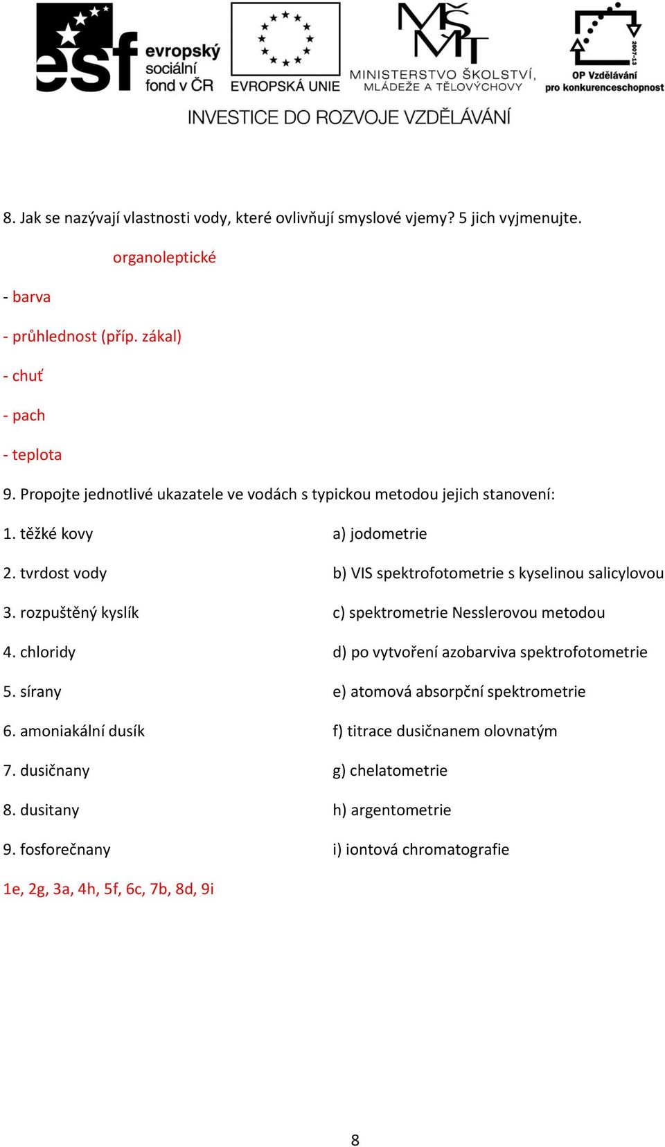 tvrdost vody b) VIS spektrofotometrie s kyselinou salicylovou 3. rozpuštěný kyslík c) spektrometrie Nesslerovou metodou 4.