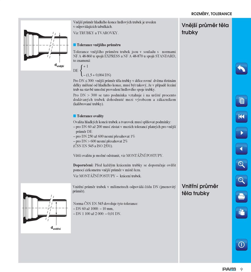 Pro DN : vnější průměr těla trubky v délce rovné dvěma třetinám délky měřené od hladkého konce, musí být takový, že v případě řezání trub na stavbě umožní provedení hrdlového spoje trubky.