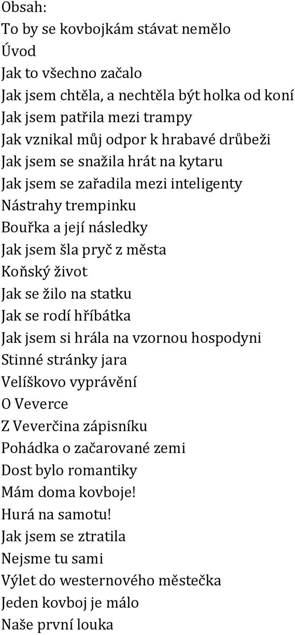 život Jak se žilo na statku Jak se rodí hříbátka Jak jsem si hrála na vzornou hospodyni Stinné stránky jara Velíškovo vyprávění O Veverce Z Veverčina zápisníku Pohádka