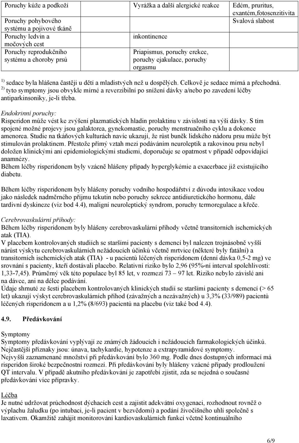 Celkově je sedace mírná a přechodná. 2) tyto symptomy jsou obvykle mírné a reverzibilní po snížení dávky a/nebo po zavedení léčby antiparkinsoniky, je-li třeba.