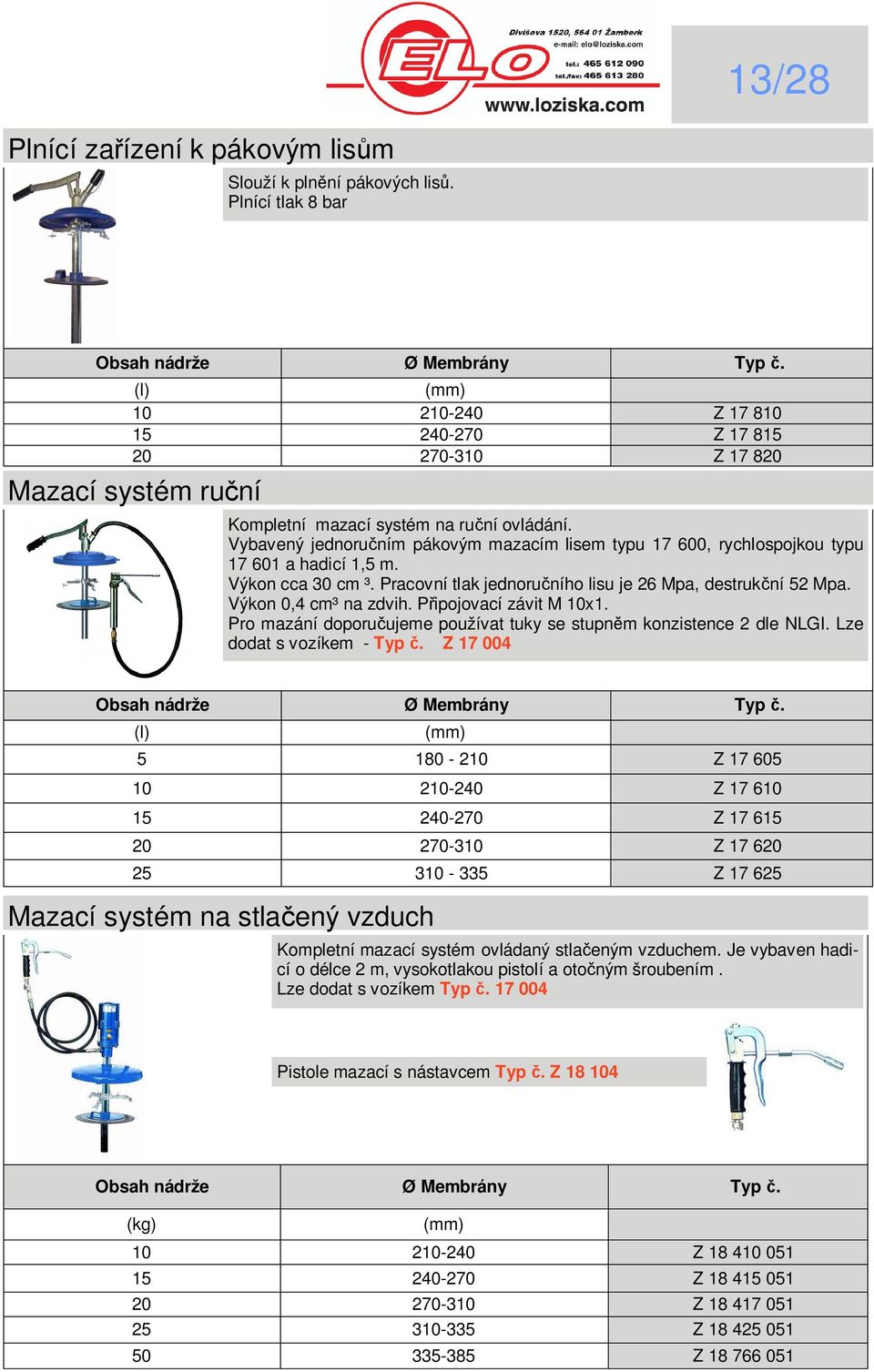 Vybavený jednoru ním pákovým mazacím lisem typu 17 600, rychlospojkou typu 17 601 a hadicí 1,5 m. Výkon cca 30 cm ³. Pracovní tlak jednoru ního lisu je 26 Mpa, destruk ní 52 Mpa.