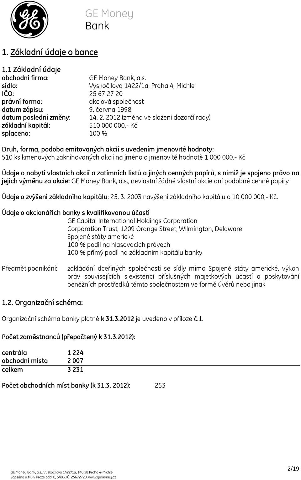 2012 (změna ve složení dozorčí rady) základní kapitál: 510 000 000,- Kč splaceno: 100 % Druh, forma, podoba emitovaných akcií s uvedením jmenovité hodnoty: 510 ks kmenových zaknihovaných akcií na