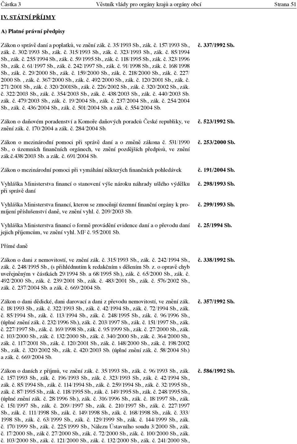 , zák. č. 91/1998 Sb., zák. č. 168/1998 Sb., zák. č. 29/2000 Sb., zák. č. 159/2000 Sb., zák. č. 218/2000 Sb., zák. č. 227/ 2000 Sb., zák. č. 367/2000 Sb., zák. č. 492/2000 Sb., zák. č. 120/2001 Sb.