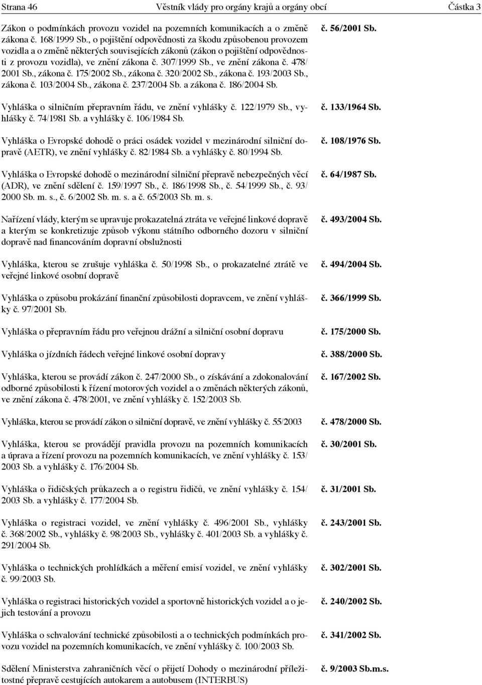 , ve znění zákona č. 478/ 2001 Sb., zákona č. 175/2002 Sb., zákona č. 320/2002 Sb., zákona č. 193/2003 Sb., zákona č. 103/2004 Sb., zákona č. 237/2004 Sb. a zákona č. 186/2004 Sb.