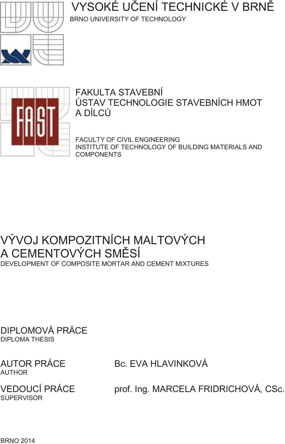 KOMPOZITNÍCH MALTOVÝCH A CEMENTOVÝCH SMĚSÍ DEVELOPMENT OF COMPOSITE MORTAR AND CEMENT MIXTURES DIPLOMOVÁ PRÁCE