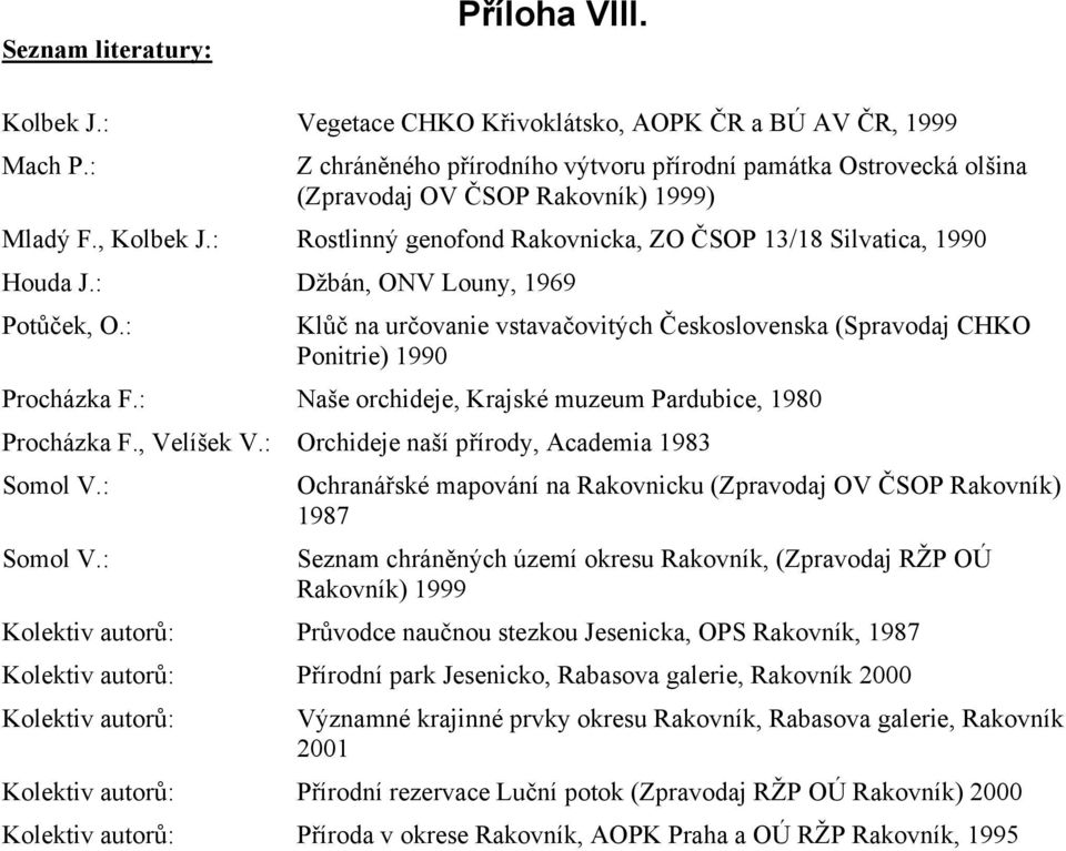 : Džbán, ONV Louny, 1969 Potůček, O.: Klůč na určovanie vstavačovitých Československa (Spravodaj CHKO Ponitrie) 1990 Procházka F.: Naše orchideje, Krajské muzeum Pardubice, 1980 Procházka F.