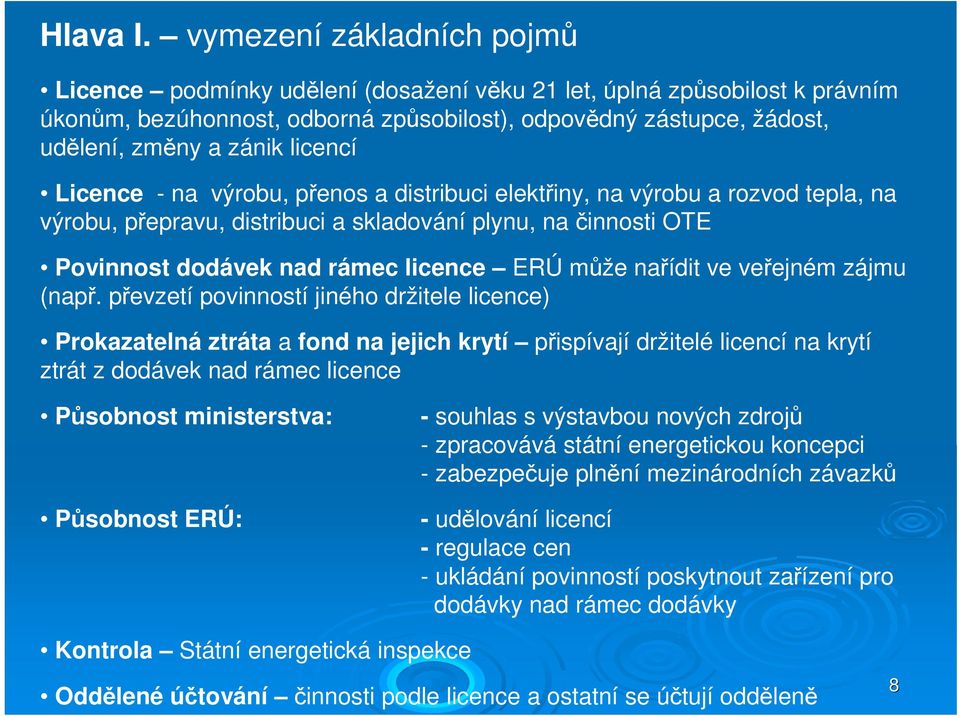 licencí Licence - na výrobu, přenos a distribuci elektřiny, na výrobu a rozvod tepla, na výrobu, přepravu, distribuci a skladování plynu, na činnosti OTE Povinnost dodávek nad rámec licence ERÚ může