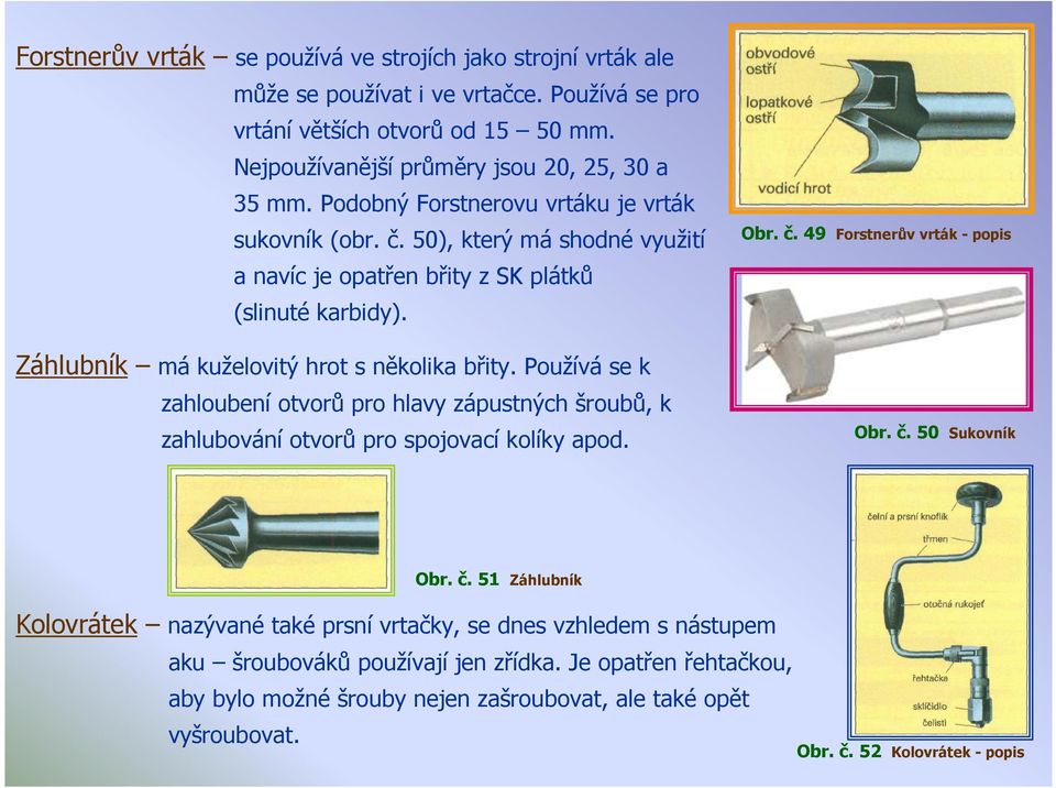 Používá se k zahloubení otvorů pro hlavy zápustných šroubů, k zahlubování otvorů pro spojovací kolíky apod. Obr. č.