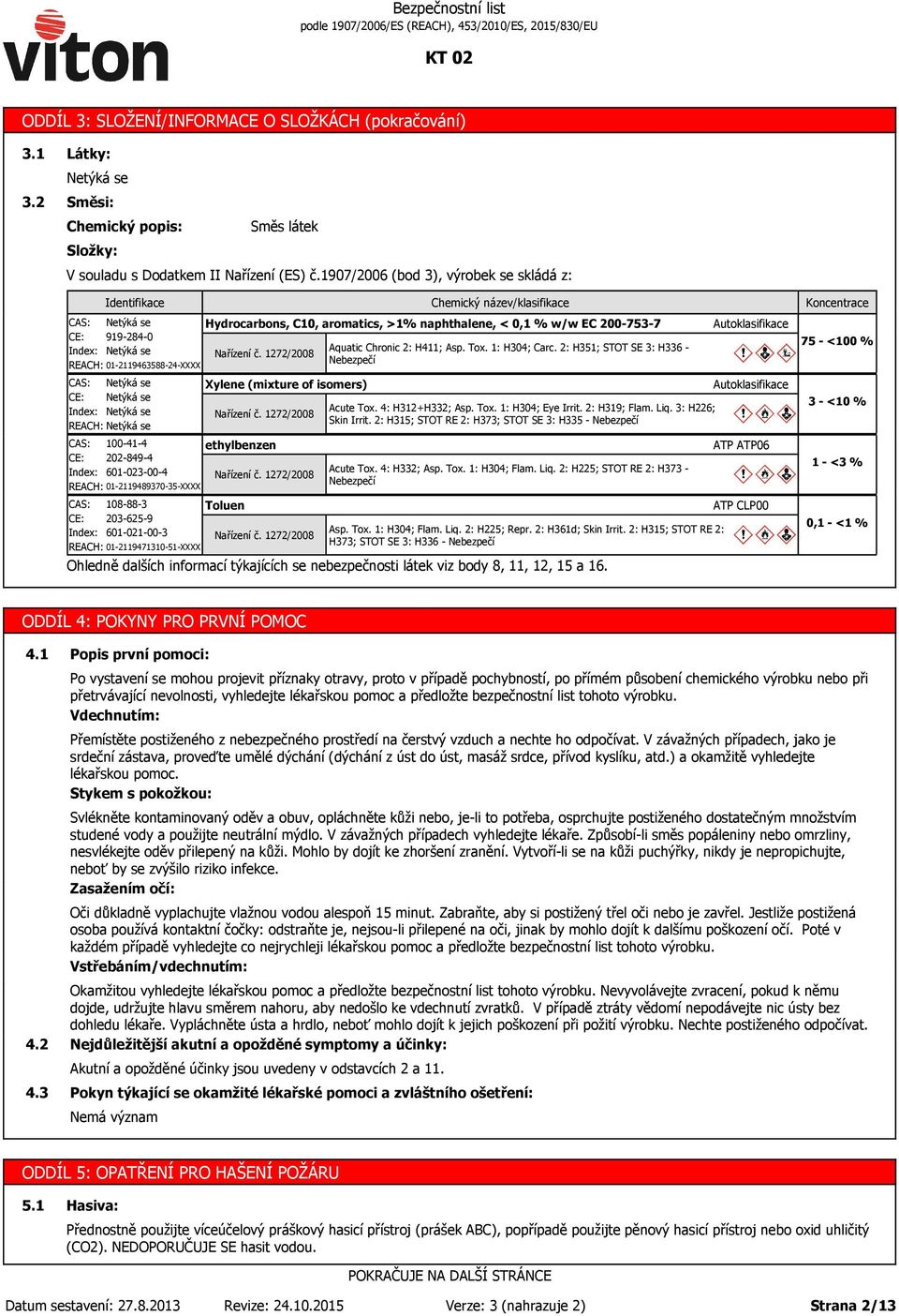 Bezpečnostní list podle 1907/2006/ES (REACH), 453/2010/ES, 2015/830/EU KT  02 - PDF Free Download