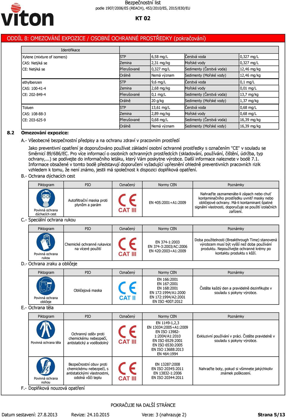 preventivní opatření je doporučováno používat základní osobní ochranné prostředky s označením "CE" v souladu se Směrnicí 89/686/EC.