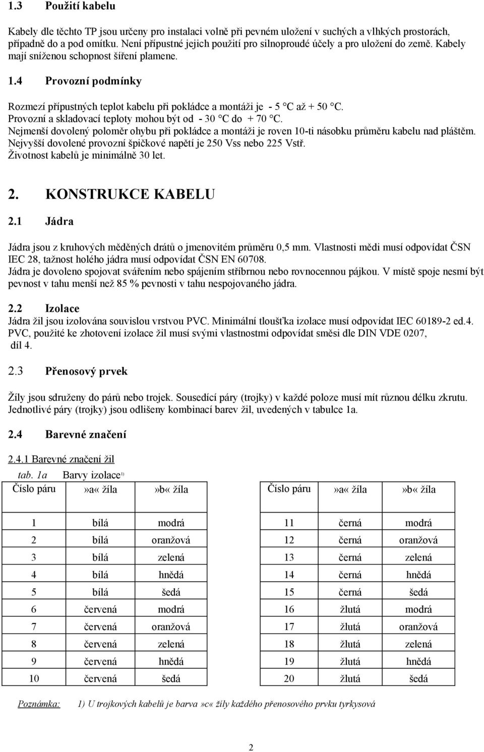 4 Provozní podmínky Rozmezí přípustných teplot kabelu při pokládce a montáži je - 5 C až + 50 C. Provozní a skladovací teploty mohou být od - 30 C do + 70 C.