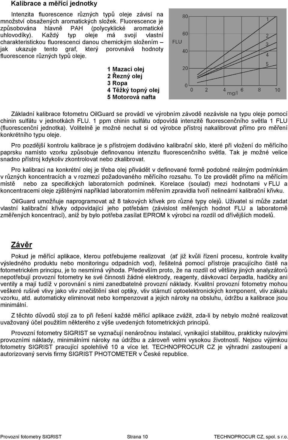 1 Mazací olej 2 Řezný olej 3 Ropa 4 Těžký topný olej 5 Motorová nafta Základní kalibrace fotometru OilGuard se provádí ve výrobním závodě nezávisle na typu oleje pomocí chinin sulfátu v jednotkách