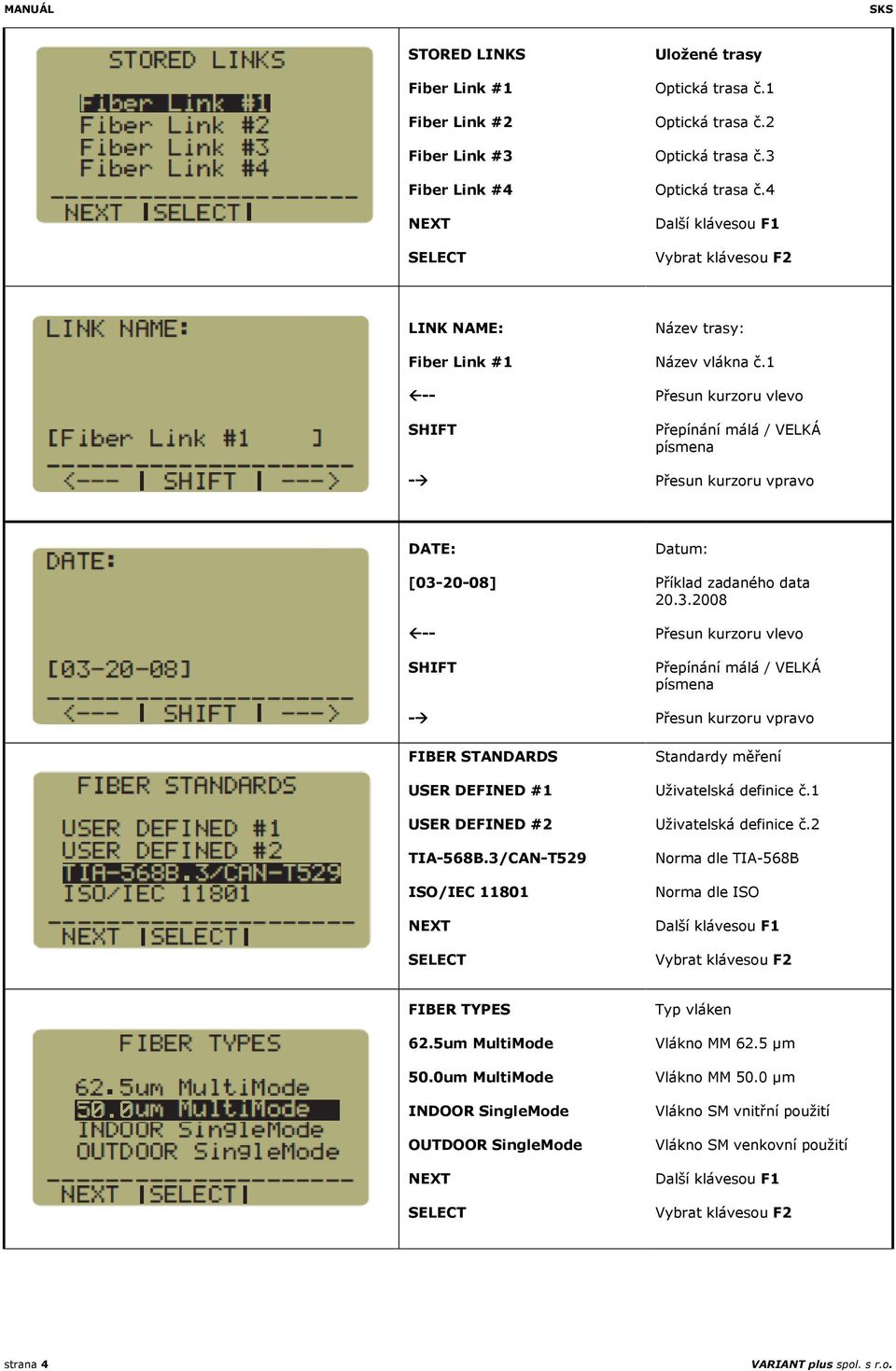 1 Přesun kurzoru vlevo Přepínání málá / VELKÁ písmena Přesun kurzoru vpravo DATE: [03-20-08] SHIFT FIBER STANDARDS USER DEFINED #1 USER DEFINED #2 TIA-568B.