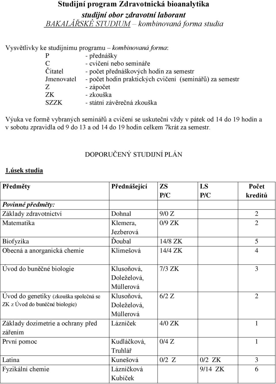 vybraných seminářů a cvičení se uskuteční vždy v pátek od 14