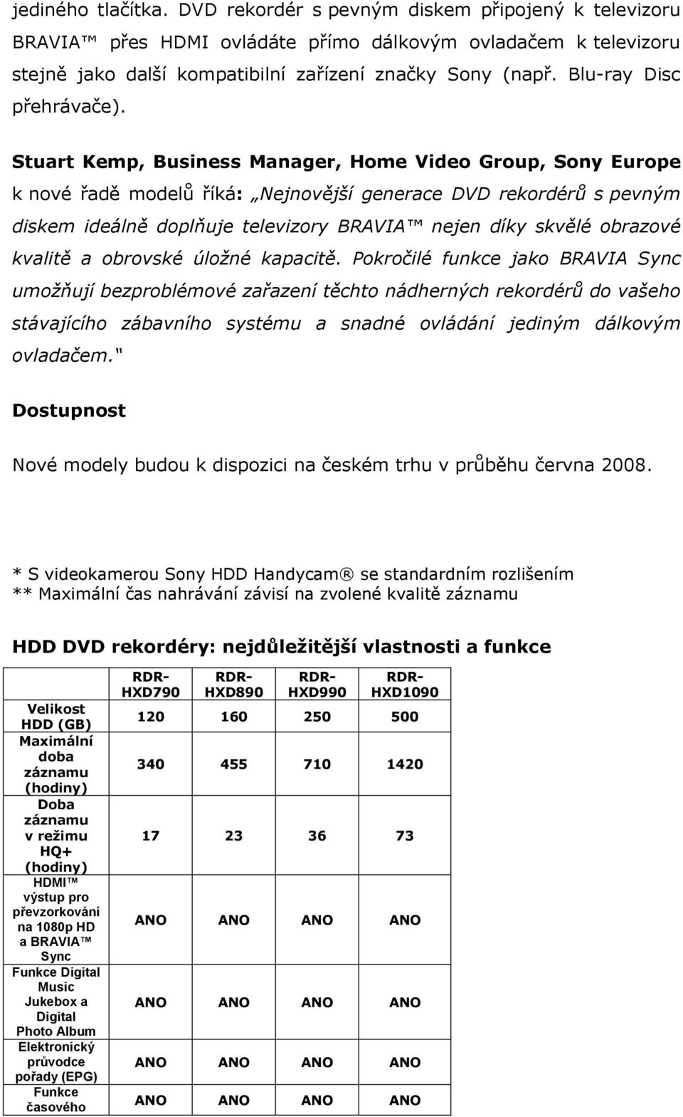 Stuart Kemp, Business Manager, Hme Vide Grup, Sny Eurpe k nvé řadě mdelů říká: Nejnvější generace DVD rekrdérů s pevným diskem ideálně dplňuje televizry BRAVIA nejen díky skvělé brazvé kvalitě a