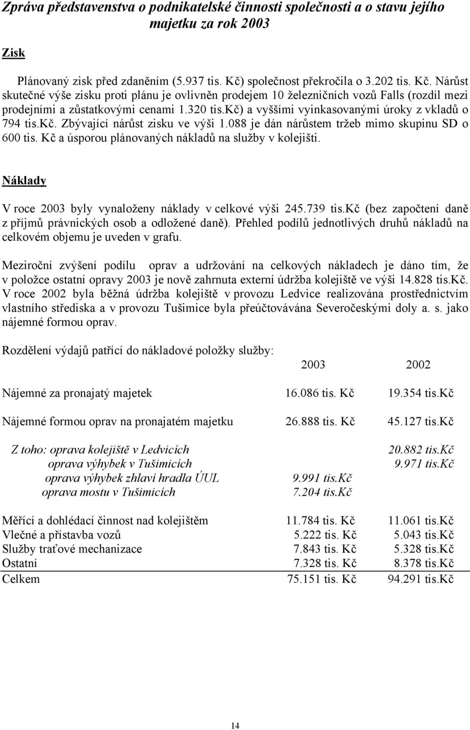 kč) a vyššími vyinkasovanými úroky z vkladů o 794 tis.kč. Zbývající nárůst zisku ve výši 1.088 je dán nárůstem tržeb mimo skupinu SD o 600 tis. Kč a úsporou plánovaných nákladů na služby v kolejišti.