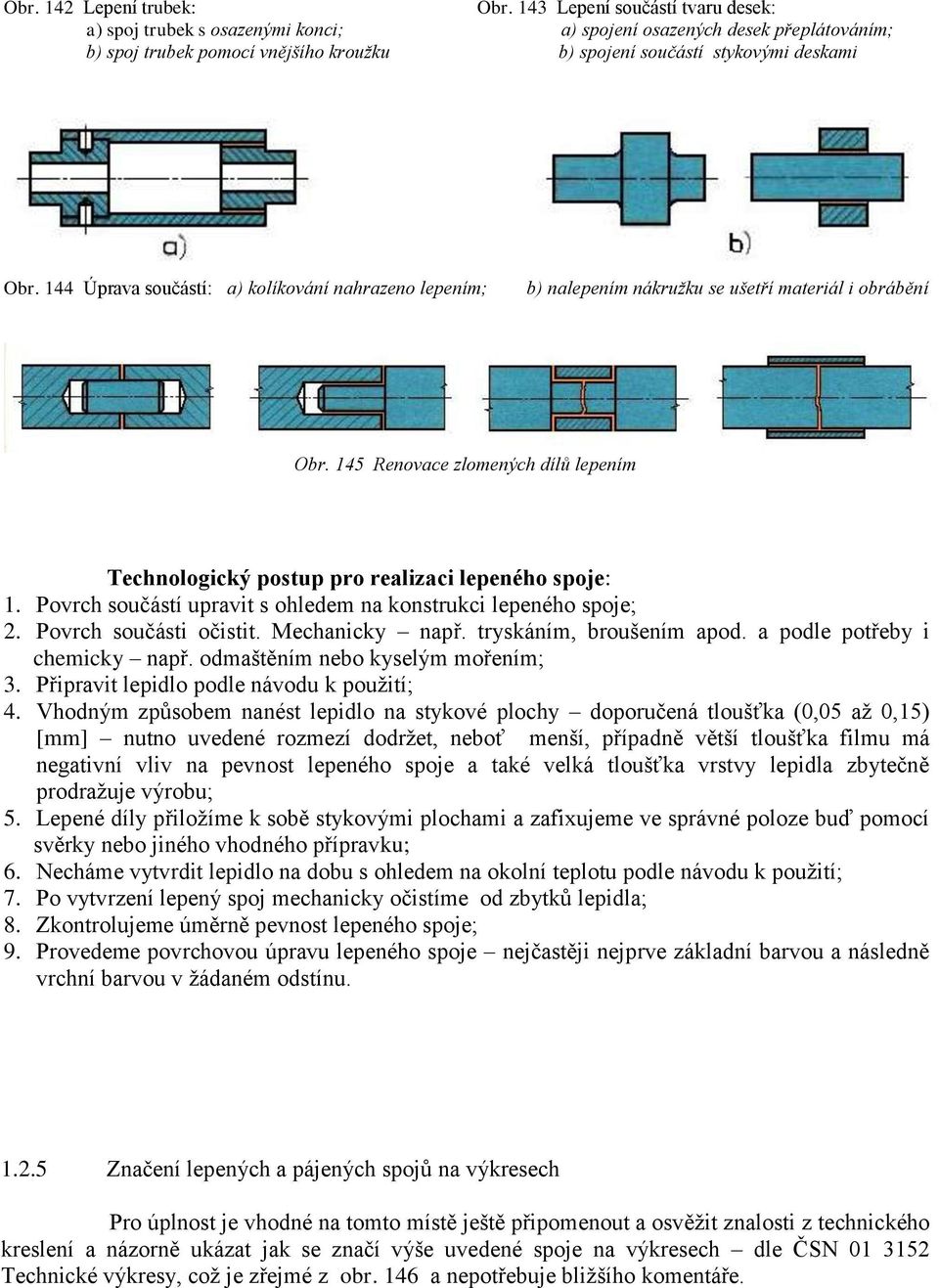 144 Úprava součástí: a) kolíkování nahrazeno lepením; b) nalepením nákružku se ušetří materiál i obrábění Obr. 145 Renovace zlomených dílů lepením Technologický postup pro realizaci lepeného spoje: 1.