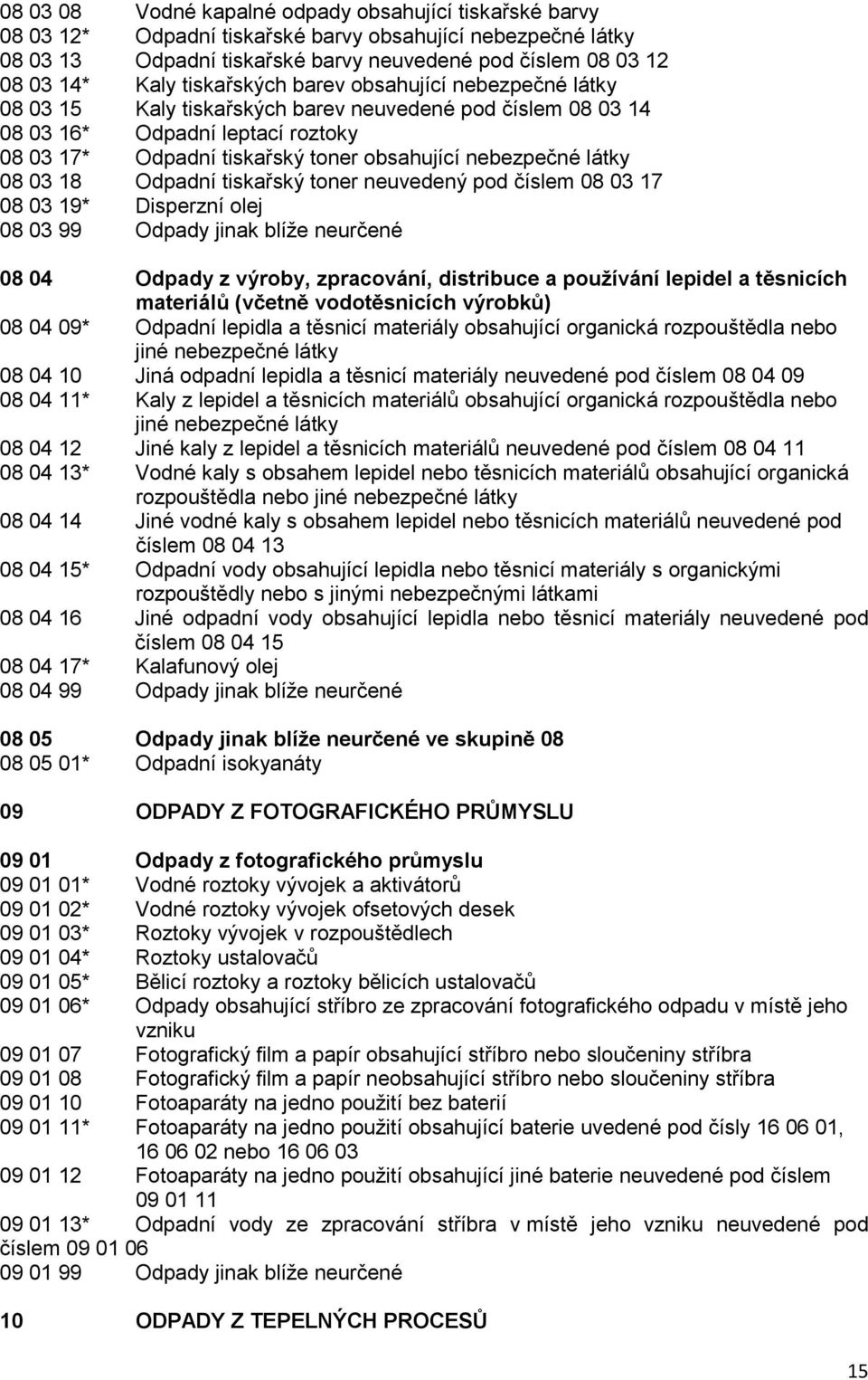 18 Odpadní tiskařský toner neuvedený pod číslem 08 03 17 08 03 19* Disperzní olej 08 03 99 Odpady jinak blíže neurčené 08 04 Odpady z výroby, zpracování, distribuce a používání lepidel a těsnicích