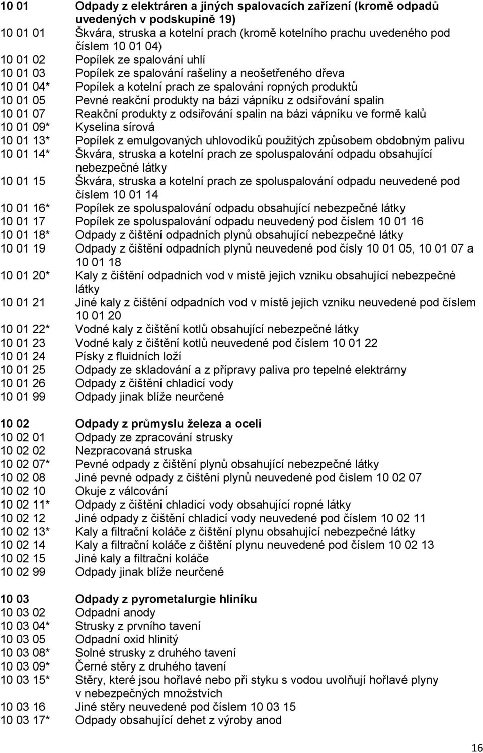 vápníku z odsiřování spalin 10 01 07 Reakční produkty z odsiřování spalin na bázi vápníku ve formě kalů 10 01 09* Kyselina sírová 10 01 13* Popílek z emulgovaných uhlovodíků použitých způsobem