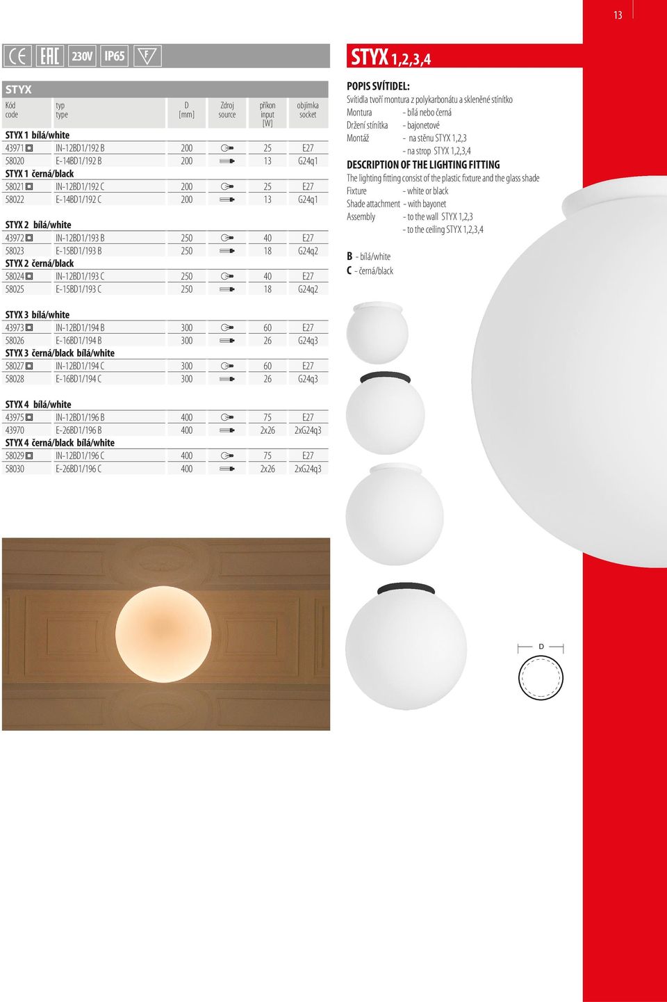 montura z polykarbonátu a skleněné stínítko Montura - bílá nebo černá ržení stínítka - bajonetové Montáž - na stěnu STYX 1,2,3 - na strop STYX 1,2,3,4 ESCRIPTION OF THE LIGHTING FITTING The lighting
