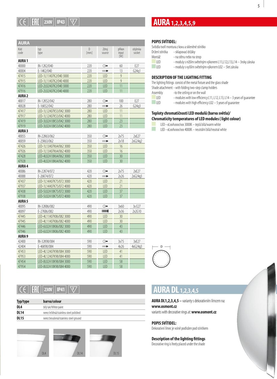 47419 LE-3L02A10K53/042 3000 280 LE 23 47919 LE-3L02A10K53/042 4000 280 LE 23 AURA 3 40055 IN-22K63/062 350 2x75 2xE27 40059 E-25K63/062 350 2x18 2xG24q2 47426 LE-1L13A07K64/062 3000 350 LE 16 47926