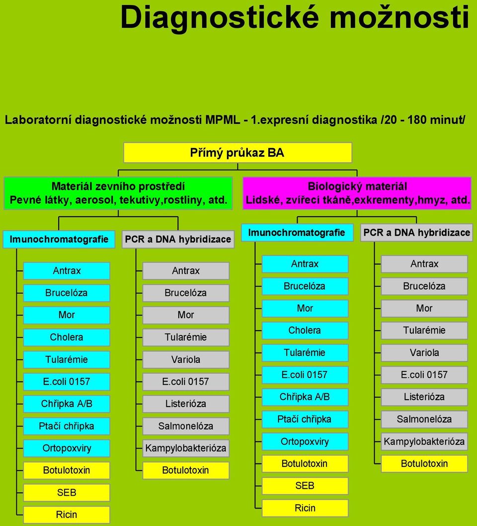 coli 0157 Chřipka A/B Ptačí chřipka Ortopoxviry Botulotoxin SEB Ricin Antrax Brucelóza Mor Tularémie Variola E.