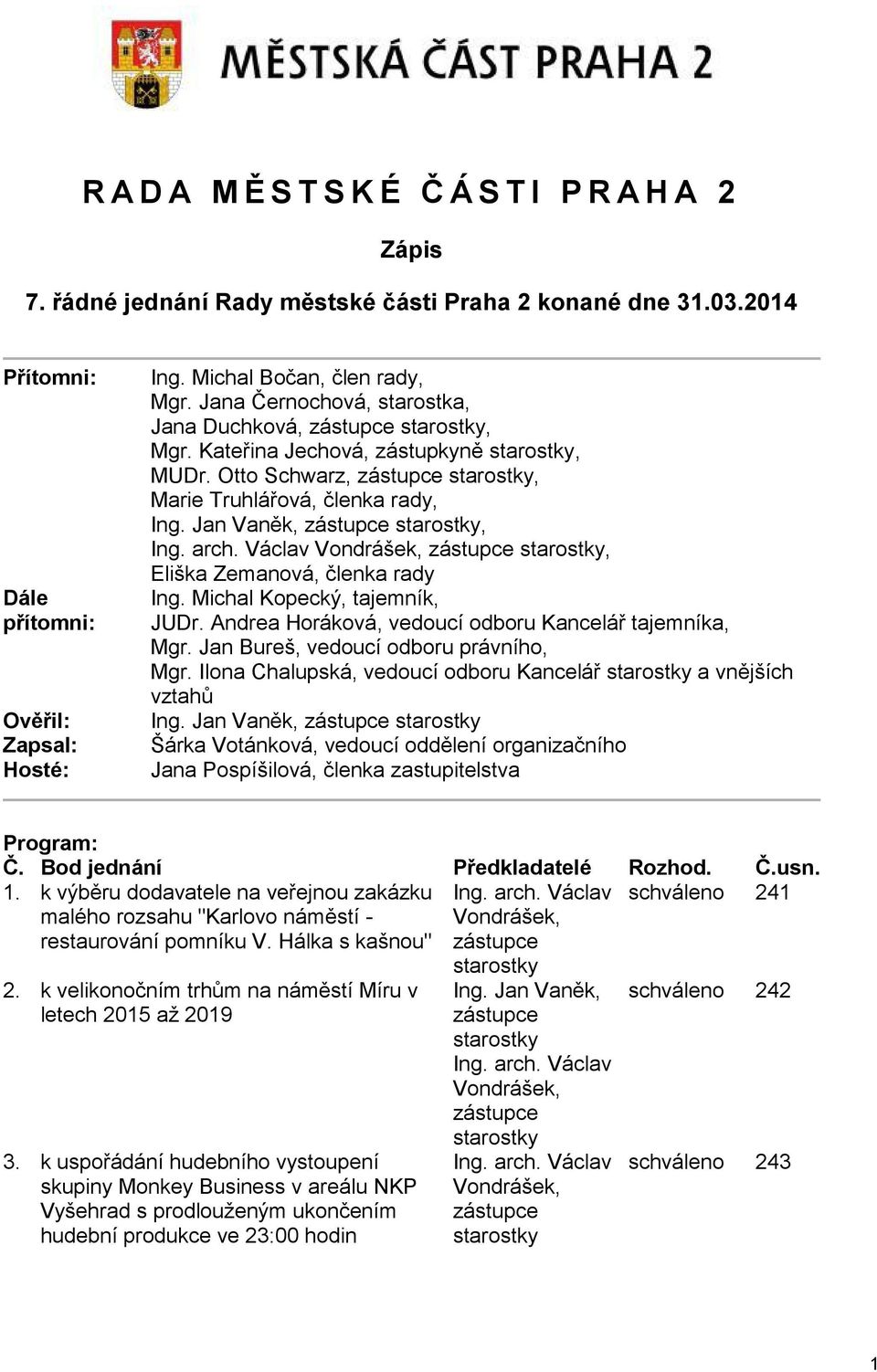 Jan Vaněk, zástupce starostky, Ing. arch. Václav Vondrášek, zástupce starostky, Eliška Zemanová, členka rady Ing. Michal Kopecký, tajemník, JUDr.
