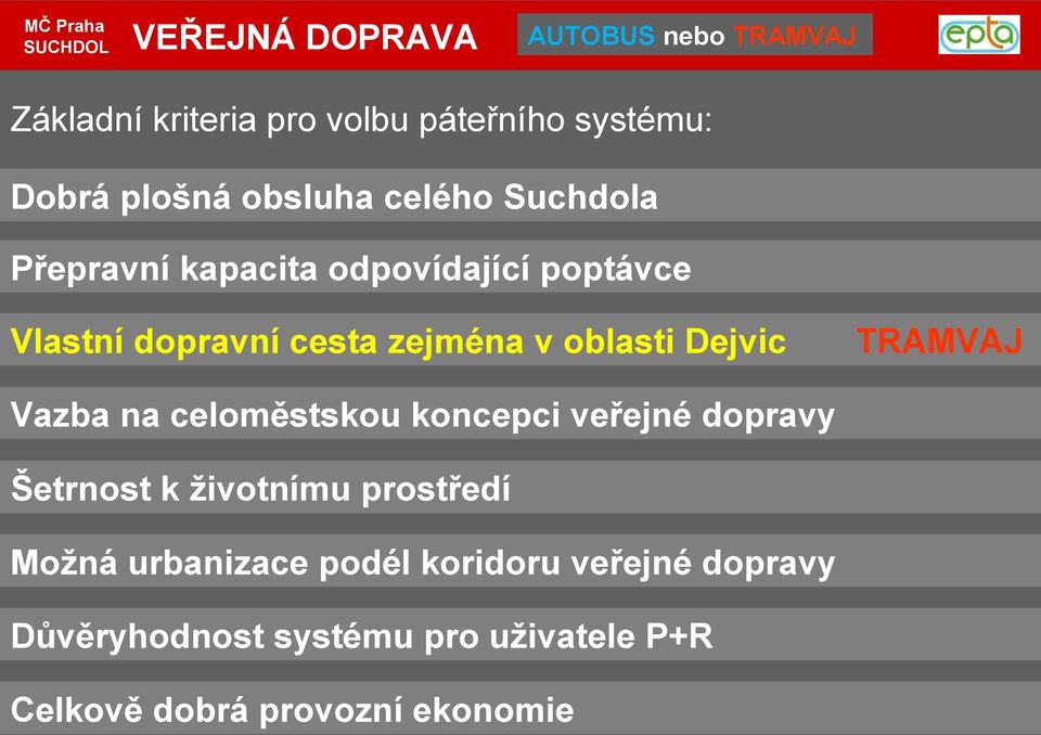 celoměstskou koncepci veřejné dopravy Šetrnost k životnímu prostředí Možná urbanizace podél