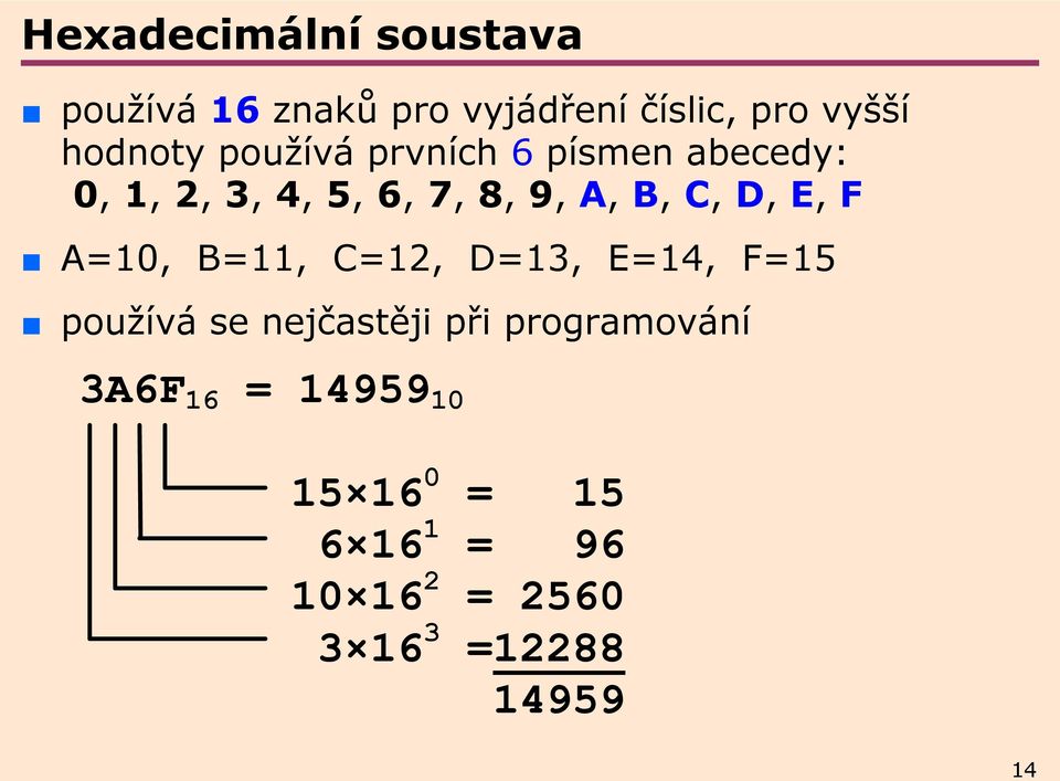 C, D, E, F A=10, B=11, C=12, D=13, E=14, F=15 používá se nejčastěji při