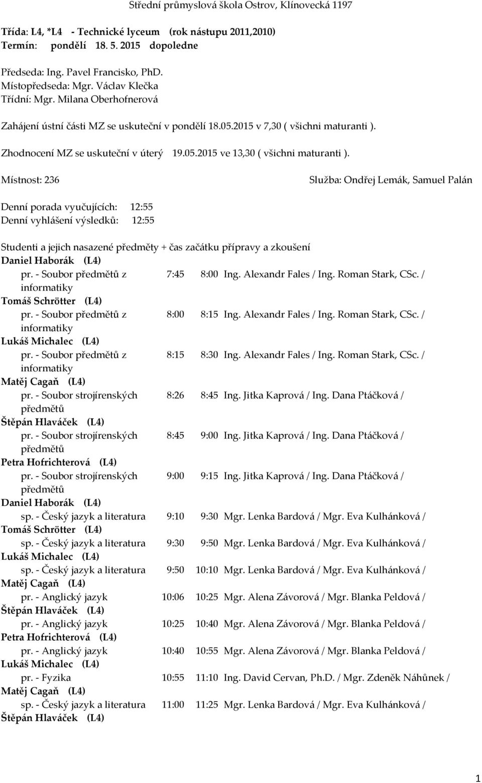 Místnost: 236 Služba: Ondřej Lemák, Samuel Palán Denní porada vyučujících: 12:55 Denní vyhlášení výsledků: 12:55 Studenti a jejich nasazené předměty + čas začátku přípravy a zkoušení Daniel Haborák