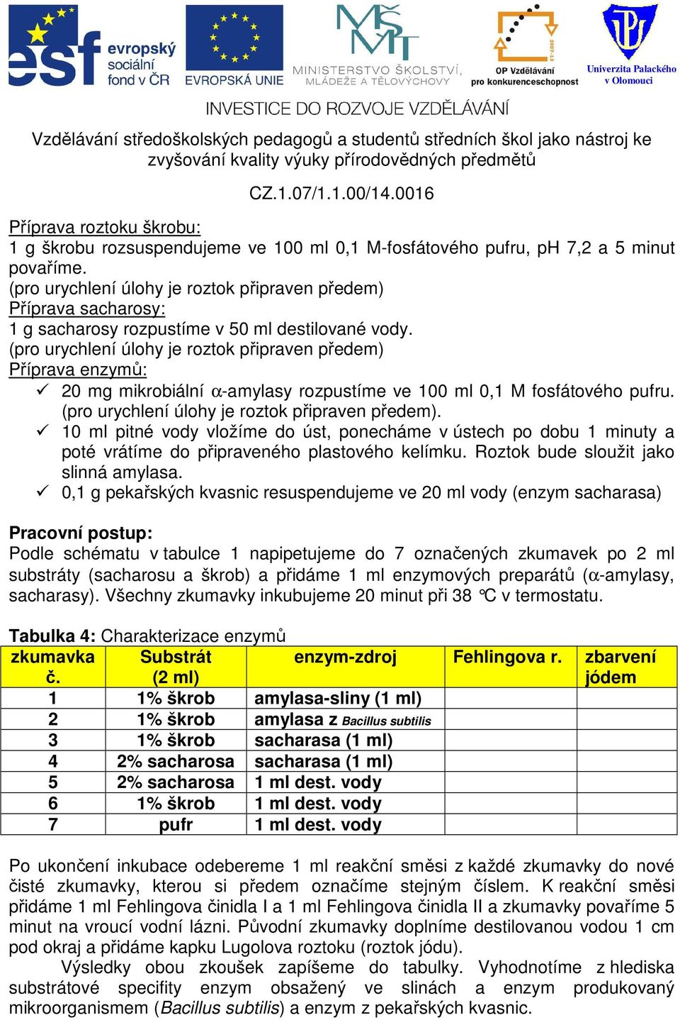 (pro urychlení úlohy je roztok připraven předem) Příprava enzymů: 20 mg mikrobiální α-amylasy rozpustíme ve 100 ml 0,1 M fosfátového pufru. (pro urychlení úlohy je roztok připraven předem).