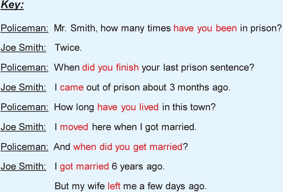 Joe Smith: I came out of prison about 3 months ago. Policeman: How long have you lived in this town?