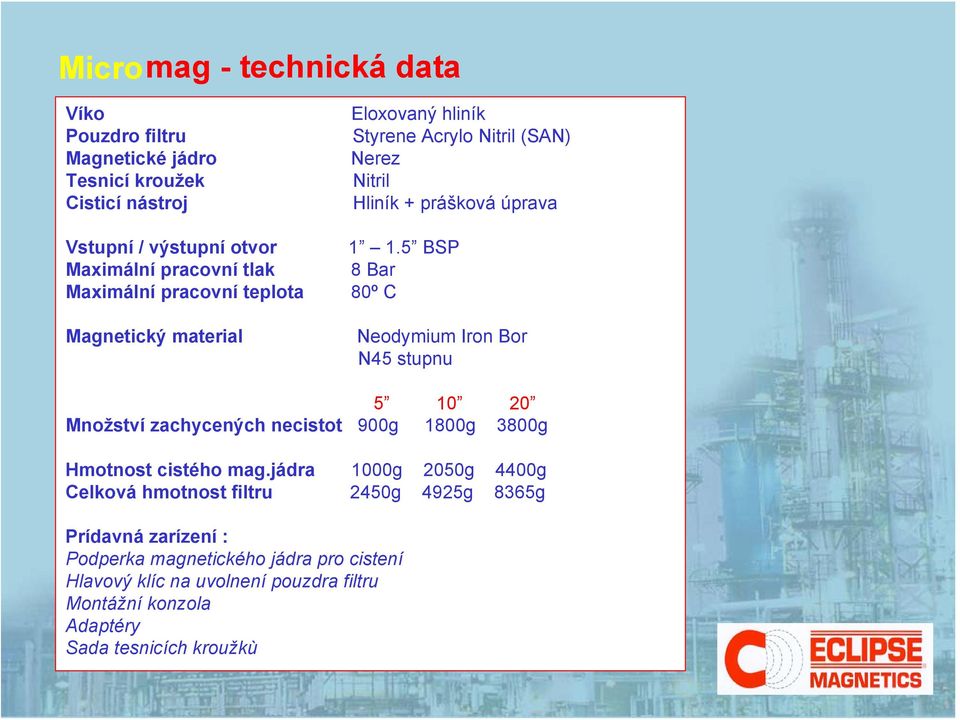 5 BSP Maximální pracovní tlak 8 Bar Maximální pracovní teplota 80º C Magnetický material Neodymium Iron Bor N45 stupnu 5 10 20 Množství zachycených