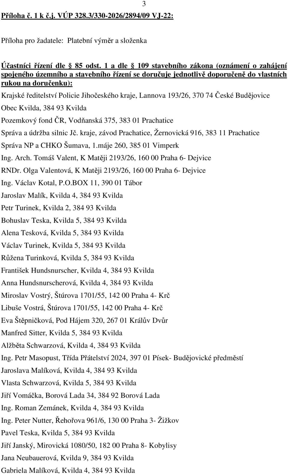 kraje, Lannova 193/26, 370 74 České Budějovice Obec Kvilda, 384 93 Kvilda Pozemkový fond ČR, Vodňanská 375, 383 01 Prachatice Správa a údržba silnic Jč.