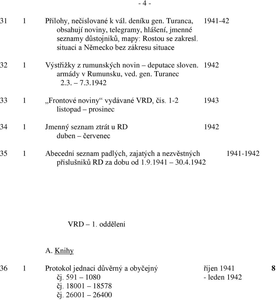 1-2 1943 listopad prosinec 34 1 Jmenný seznam ztrát u RD 1942 duben červenec 35 1 Abecední seznam padlých, zajatých a nezvěstných 1941-1942 příslušníků RD za dobu od