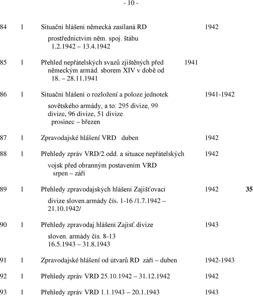 1941 86 1 Situační hlášení o rozložení a poloze jednotek 1941-1942 sovětského armády, a to: 295 divize, 99 divize, 96 divize, 51 divize prosinec březen 87 1 Zpravodajské hlášení VRD duben 1942 88 1